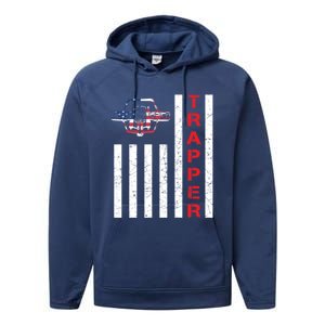 American Flag Trapping Gift For Trappers And Hunters Performance Fleece Hoodie