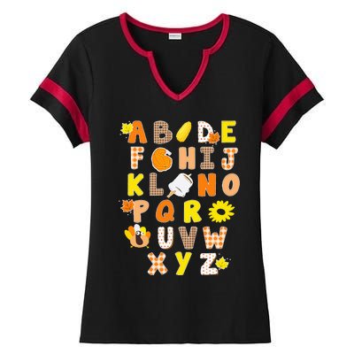 Alphabet Funny Turkey Thanksgiving Costume Preschool Teacher Ladies Halftime Notch Neck Tee