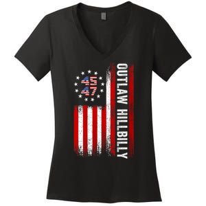 American Flag Trump Vance 2024 Donald Trump J.D. Vance Outlaw Hillbilly Gift Women's V-Neck T-Shirt