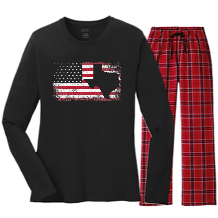 American Flag Texas 4th of July Vintage Gift  Retro Women's Long Sleeve Flannel Pajama Set 