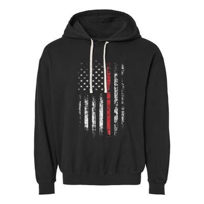 American Flag Thin Red Line Firefighter Support Patriotic Garment-Dyed Fleece Hoodie