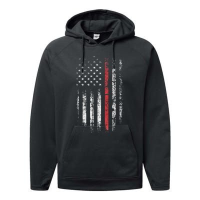 American Flag Thin Red Line Firefighter Support Patriotic Performance Fleece Hoodie