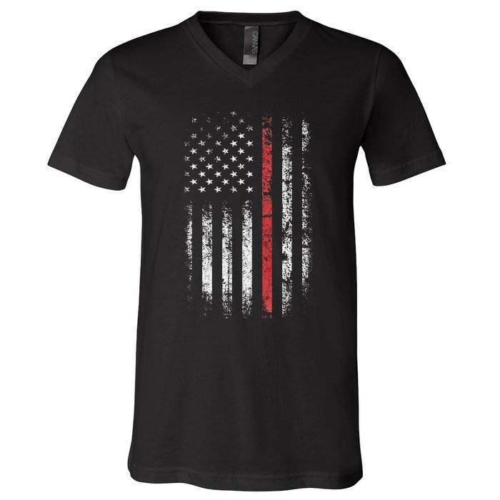 American Flag Thin Red Line Firefighter Support Patriotic V-Neck T-Shirt