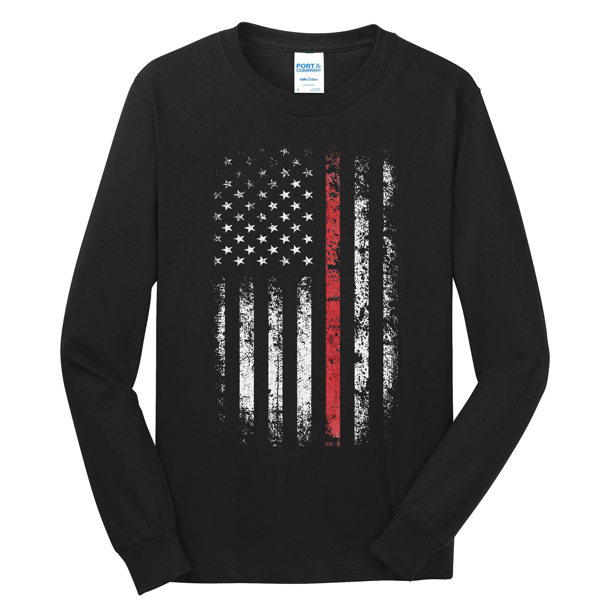 American Flag Thin Red Line Firefighter Support Patriotic Tall Long Sleeve T-Shirt