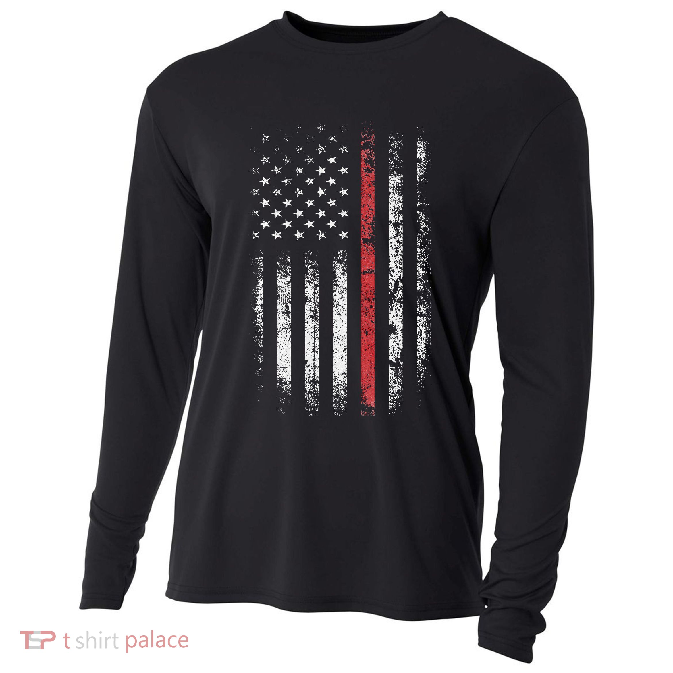 American Flag Thin Red Line Firefighter Support Patriotic Cooling Performance Long Sleeve Crew