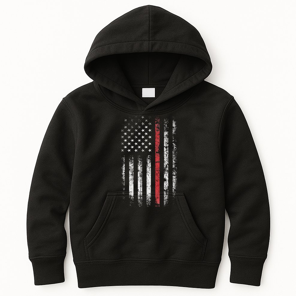 American Flag Thin Red Line Firefighter Support Patriotic Kids Hoodie