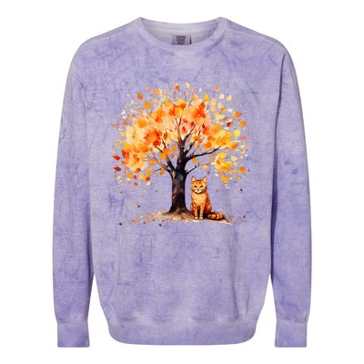 Artistic Fall Tree with Orange Tabby Cat Watercolor Colorblast Crewneck Sweatshirt