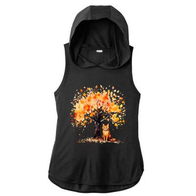 Artistic Fall Tree with Orange Tabby Cat Watercolor Ladies PosiCharge Tri-Blend Wicking Draft Hoodie Tank