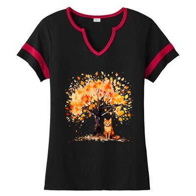 Artistic Fall Tree with Orange Tabby Cat Watercolor Ladies Halftime Notch Neck Tee