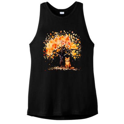 Artistic Fall Tree with Orange Tabby Cat Watercolor Ladies PosiCharge Tri-Blend Wicking Tank