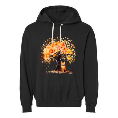 Artistic Fall Tree with Orange Tabby Cat Watercolor Garment-Dyed Fleece Hoodie