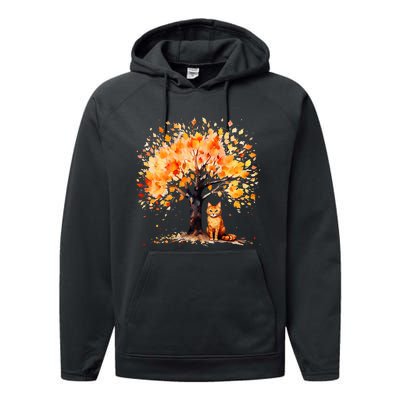 Artistic Fall Tree with Orange Tabby Cat Watercolor Performance Fleece Hoodie