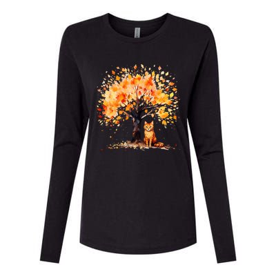 Artistic Fall Tree with Orange Tabby Cat Watercolor Womens Cotton Relaxed Long Sleeve T-Shirt