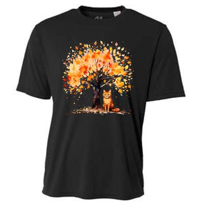 Artistic Fall Tree with Orange Tabby Cat Watercolor Cooling Performance Crew T-Shirt