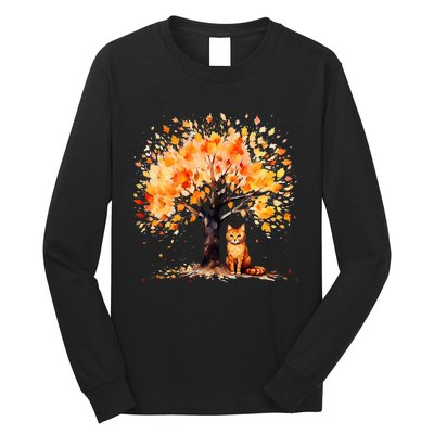 Artistic Fall Tree with Orange Tabby Cat Watercolor Long Sleeve Shirt