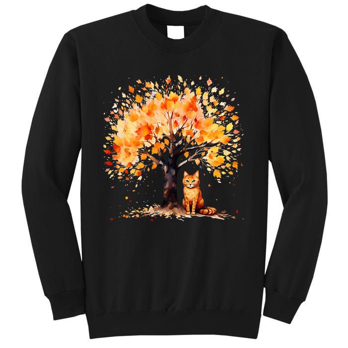 Artistic Fall Tree with Orange Tabby Cat Watercolor Sweatshirt