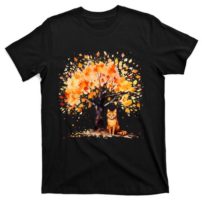 Artistic Fall Tree with Orange Tabby Cat Watercolor T-Shirt