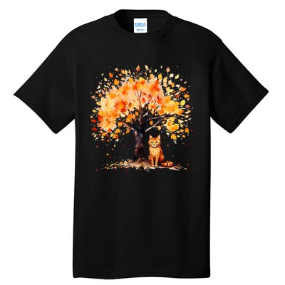 Artistic Fall Tree with Orange Tabby Cat Watercolor Tall T-Shirt