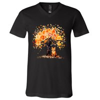 Artistic Fall Tree with Orange Tabby Cat Watercolor V-Neck T-Shirt