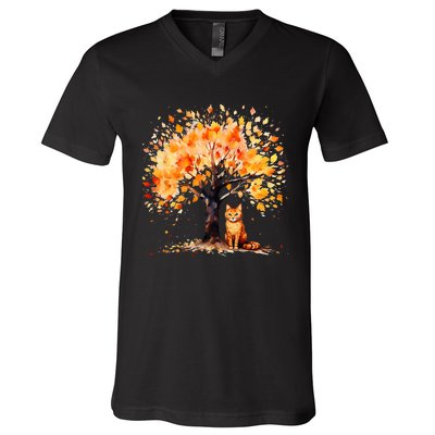 Artistic Fall Tree with Orange Tabby Cat Watercolor V-Neck T-Shirt