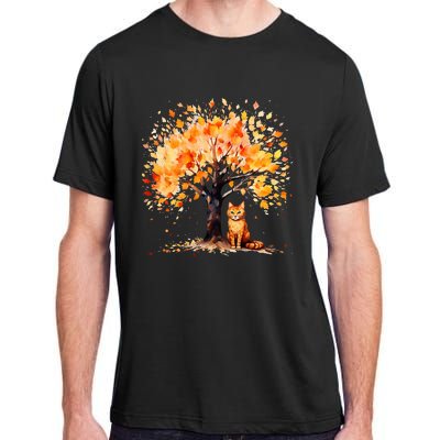 Artistic Fall Tree with Orange Tabby Cat Watercolor Adult ChromaSoft Performance T-Shirt