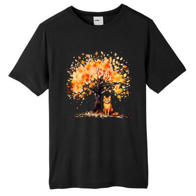 Artistic Fall Tree with Orange Tabby Cat Watercolor Tall Fusion ChromaSoft Performance T-Shirt