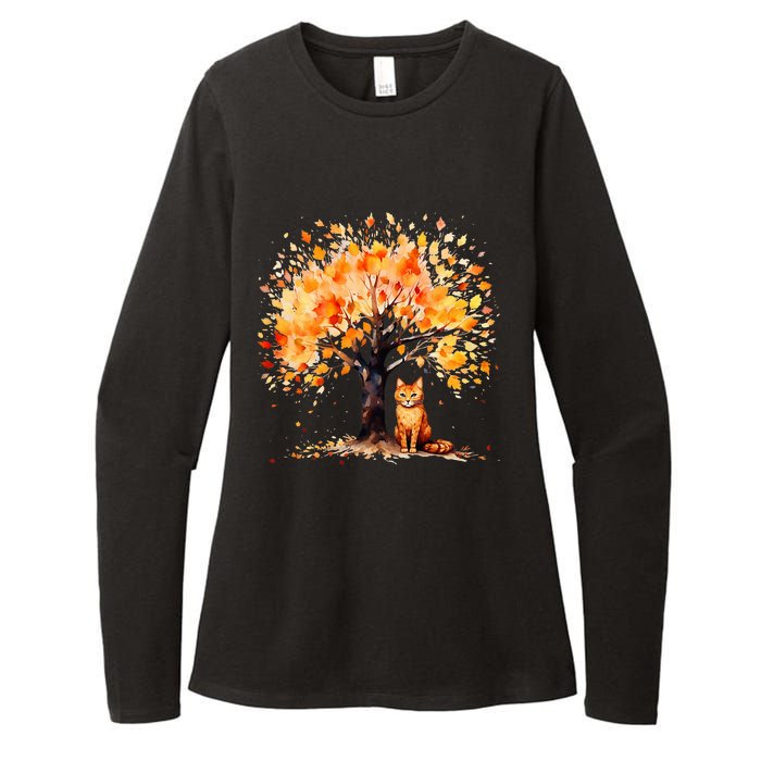 Artistic Fall Tree with Orange Tabby Cat Watercolor Womens CVC Long Sleeve Shirt