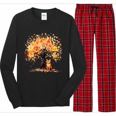 Artistic Fall Tree with Orange Tabby Cat Watercolor Long Sleeve Pajama Set