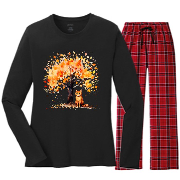 Artistic Fall Tree with Orange Tabby Cat Watercolor Women's Long Sleeve Flannel Pajama Set 