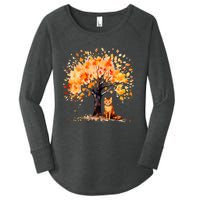 Artistic Fall Tree with Orange Tabby Cat Watercolor Women's Perfect Tri Tunic Long Sleeve Shirt