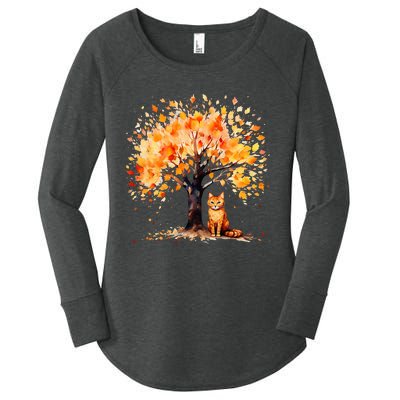 Artistic Fall Tree with Orange Tabby Cat Watercolor Women's Perfect Tri Tunic Long Sleeve Shirt