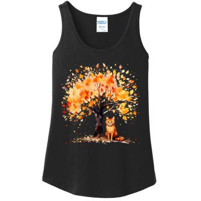 Artistic Fall Tree with Orange Tabby Cat Watercolor Ladies Essential Tank