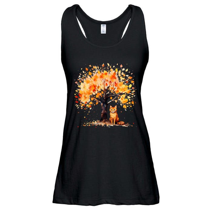 Artistic Fall Tree with Orange Tabby Cat Watercolor Ladies Essential Flowy Tank