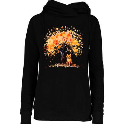 Artistic Fall Tree with Orange Tabby Cat Watercolor Womens Funnel Neck Pullover Hood