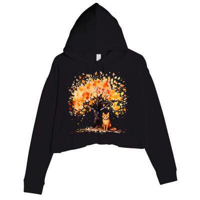 Artistic Fall Tree with Orange Tabby Cat Watercolor Crop Fleece Hoodie