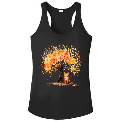 Artistic Fall Tree with Orange Tabby Cat Watercolor Ladies PosiCharge Competitor Racerback Tank