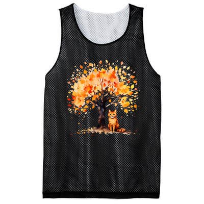 Artistic Fall Tree with Orange Tabby Cat Watercolor Mesh Reversible Basketball Jersey Tank