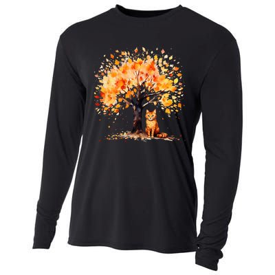 Artistic Fall Tree with Orange Tabby Cat Watercolor Cooling Performance Long Sleeve Crew