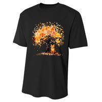 Artistic Fall Tree with Orange Tabby Cat Watercolor Performance Sprint T-Shirt