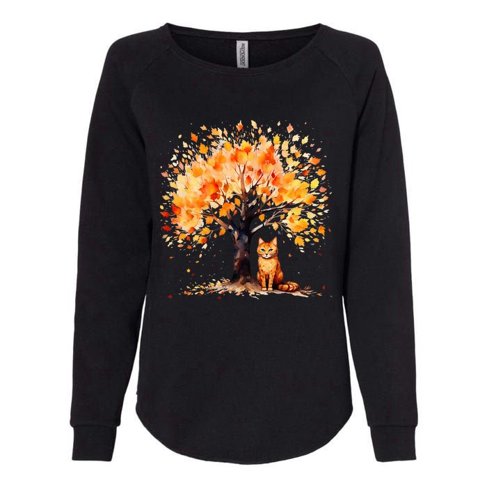 Artistic Fall Tree with Orange Tabby Cat Watercolor Womens California Wash Sweatshirt