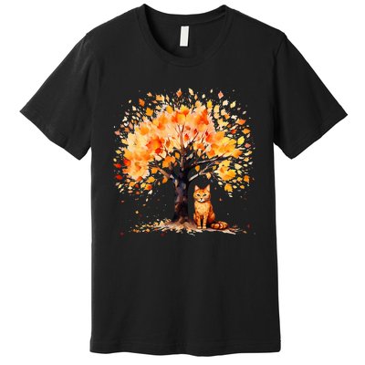 Artistic Fall Tree with Orange Tabby Cat Watercolor Premium T-Shirt