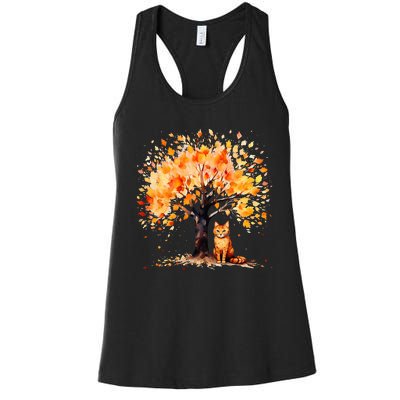 Artistic Fall Tree with Orange Tabby Cat Watercolor Women's Racerback Tank