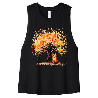 Artistic Fall Tree with Orange Tabby Cat Watercolor Women's Racerback Cropped Tank