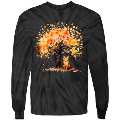 Artistic Fall Tree with Orange Tabby Cat Watercolor Tie-Dye Long Sleeve Shirt