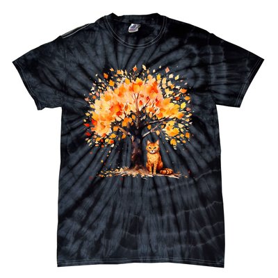 Artistic Fall Tree with Orange Tabby Cat Watercolor Tie-Dye T-Shirt