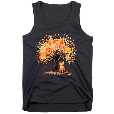 Artistic Fall Tree with Orange Tabby Cat Watercolor Tank Top