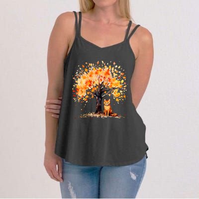 Artistic Fall Tree with Orange Tabby Cat Watercolor Women's Strappy Tank