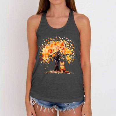 Artistic Fall Tree with Orange Tabby Cat Watercolor Women's Knotted Racerback Tank