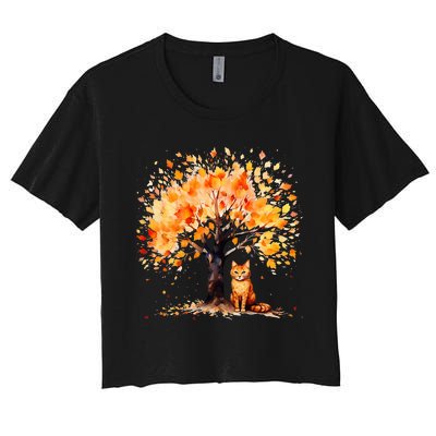 Artistic Fall Tree with Orange Tabby Cat Watercolor Women's Crop Top Tee