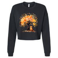 Artistic Fall Tree with Orange Tabby Cat Watercolor Cropped Pullover Crew